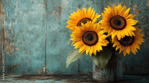 A bouquet of sunflowers arranged in a rustic setting, with plenty of copy space for messages.