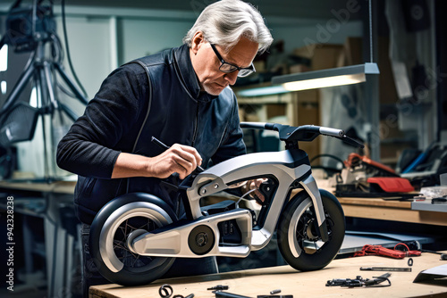 Man designer works on futuristic electric bike prototype in modern workshop. Concept of innovative product development, creativity in industrial design and process of crafting future of transportation photo