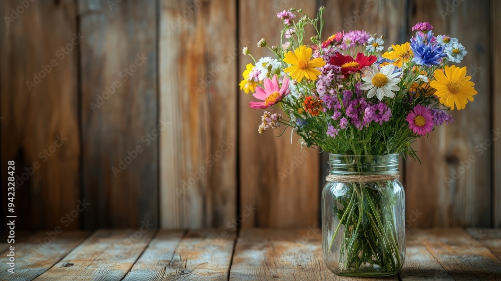 custom made wallpaper toronto digitalA bouquet of wildflowers in a mason jar, set on a wooden table with plenty of copy space.