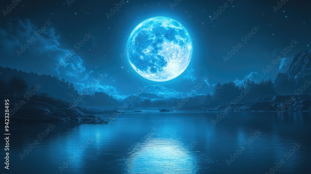 A breathtaking blue moon rising over a serene landscape, with its cool, ethereal light casting a magical glow over the scenery with ample copy space. A breathtaking blue moon rising over a serene landscape, with its cool, ethereal light casting a magical glow over the scenery with ample copy space.