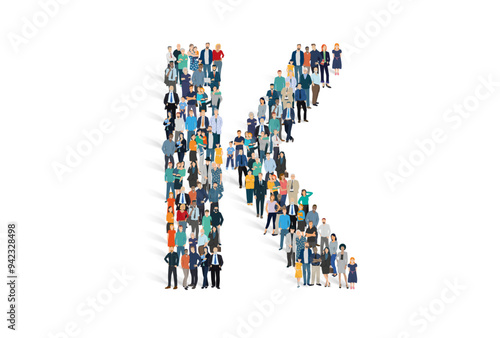 Illustration vectorielle représentant la lettre K de l'alphabet constituée d'une foule de personnages d'âge, de races et de sexes différents
