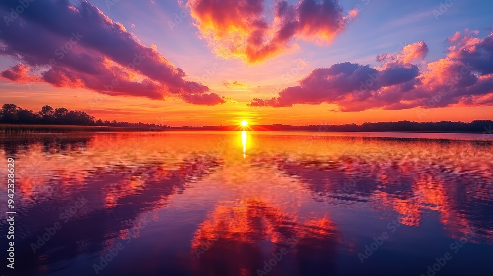 A breathtaking sunset over a calm lake, with the sky ablaze in shades of orange, pink, and purple, reflected in the water below. A breathtaking sunset over a calm lake, with the sky ablaze in shades of orange, pink, and purple, reflected in the water below.