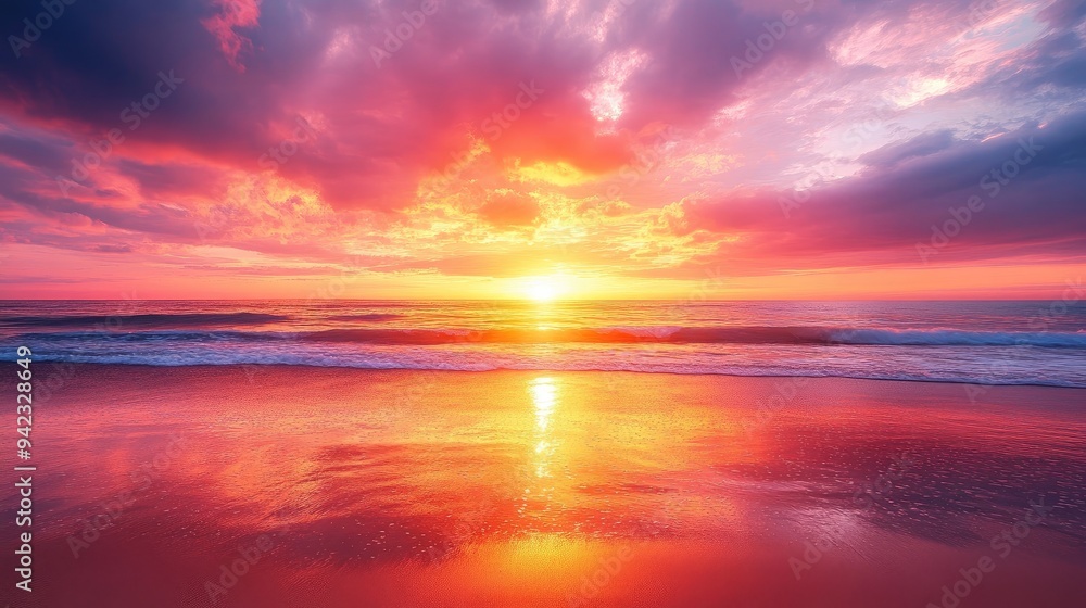 A breathtaking sunset over the beach with vibrant hues of orange and pink reflecting on the water. Ample copy space. A breathtaking sunset over the beach with vibrant hues of orange and pink reflecting on the water. Ample copy space.