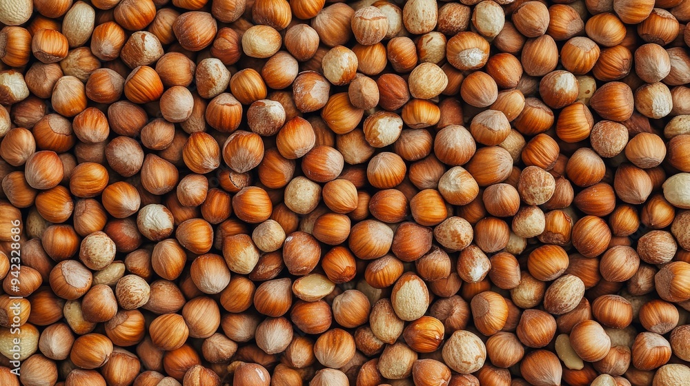 A close-up view of numerous hazelnuts scattered on a surface. A close-up view of numerous hazelnuts scattered on a surface.