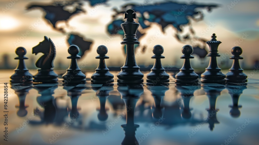 Chess pieces and trade routes, reflecting world map, global commerce concept generative ai Chess pieces and trade routes, reflecting world map, global commerce concept generative ai