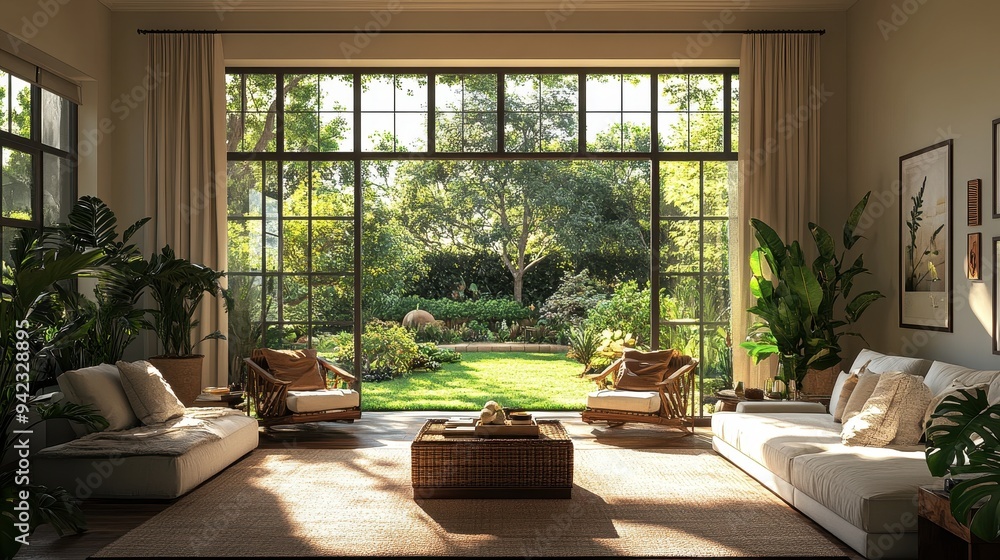 Modern Living Room with Large Windows and Garden View Modern Living Room with Large Windows and Garden View