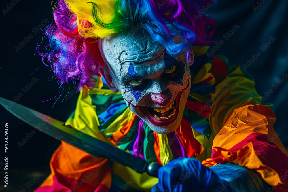 Obraz premium Colorful Killer Clown Holding Knife with Macabre Intentions and Sinister Smile on Halloween
