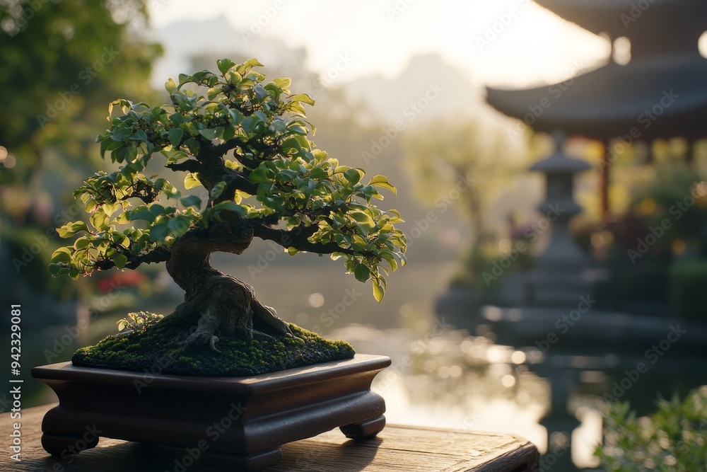 A serene bonsai tree flourishing beside a peaceful pond in a traditional garden during golden hour A serene bonsai tree flourishing beside a peaceful pond in a traditional garden during golden hour