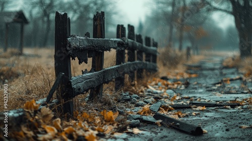 A broken fence with sections blown away by strong winds, offering a visual of destruction with ample space for text.