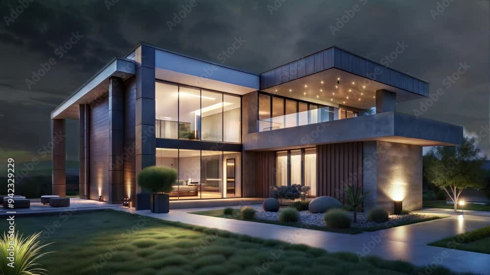 Modern Luxurious House Exterior at Dusk. Modern Luxurious House Exterior at Dusk.
