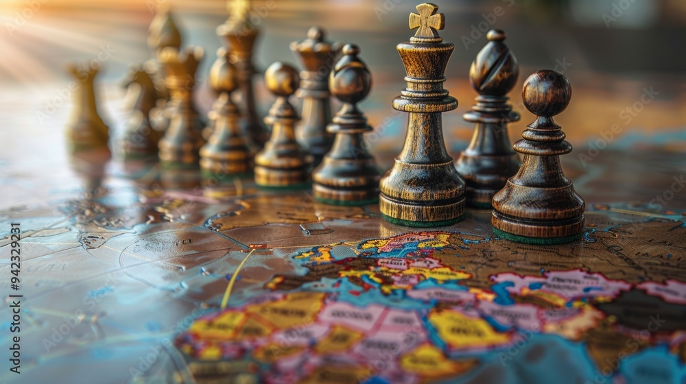 Chess pieces and trade routes, reflecting world map, global commerce concept generative ai Chess pieces and trade routes, reflecting world map, global commerce concept generative ai