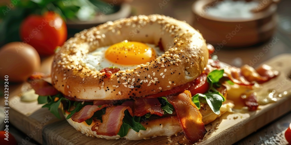 Delicious bagel topped with egg and bacon for a morning meal Delicious bagel topped with egg and bacon for a morning meal