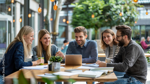 Group of young professionals engaged in a productive team meeting at a modern workspace, smiling and discussing ideas.