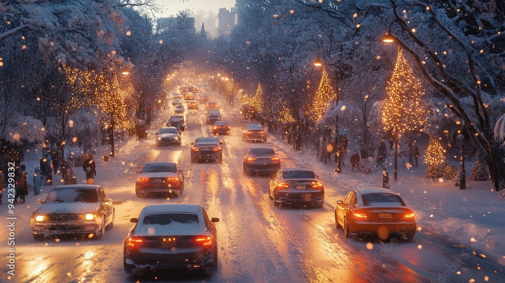 A busy road filled with holiday travelers, with cars covered in snow and the warmth of the holidays evident in the atmosphere. A busy road filled with holiday travelers, with cars covered in snow and the warmth of the holidays evident in the atmosphere.
