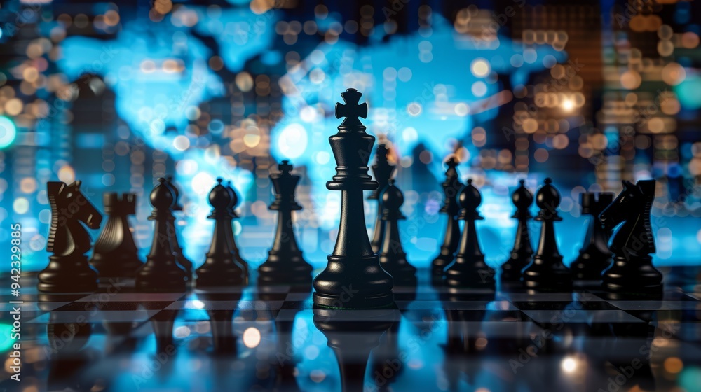 Chess pieces on a digital interface, reflecting world map, international business tactics generative ai Chess pieces on a digital interface, reflecting world map, international business tactics generative ai