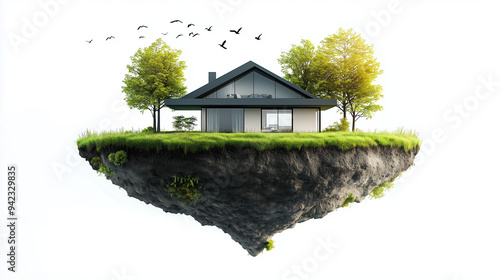 House with its own plot of land. Humorous depiction of a floating house on its piece of land against a white background. Concept of owning or buying a home, land, or property.
