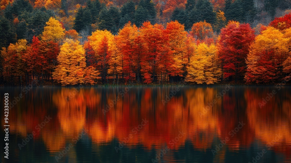 Obraz premium A calm lake reflecting the brilliant colors of fall trees, capturing the essence of autumn serenity with space for messaging.
