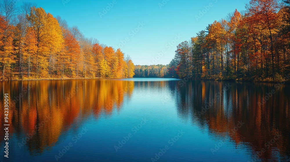 A calm river reflecting the colors of autumn trees, with a clear blue sky overhead. A calm river reflecting the colors of autumn trees, with a clear blue sky overhead.