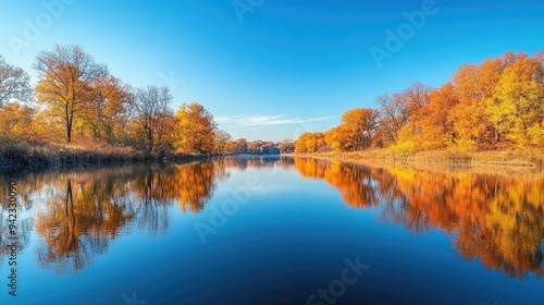 A calm river reflecting the colors of autumn trees, with a clear blue sky overhead.