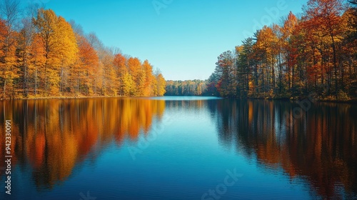 A calm river reflecting the colors of autumn trees, with a clear blue sky overhead.