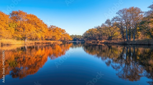 A calm river reflecting the colors of autumn trees, with a clear blue sky overhead.