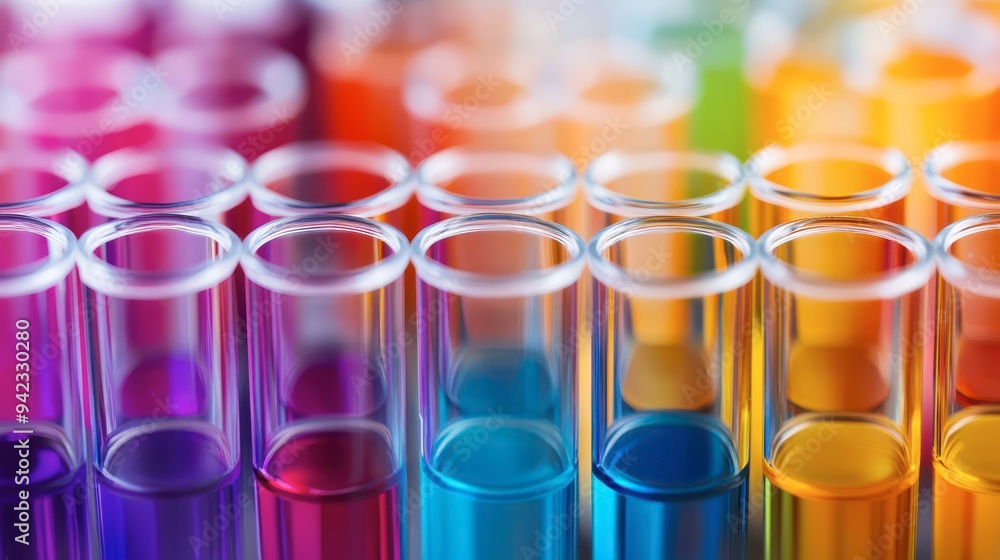 Colorful test tubes filled with various liquids in a laboratory setting Colorful test tubes filled with various liquids in a laboratory setting