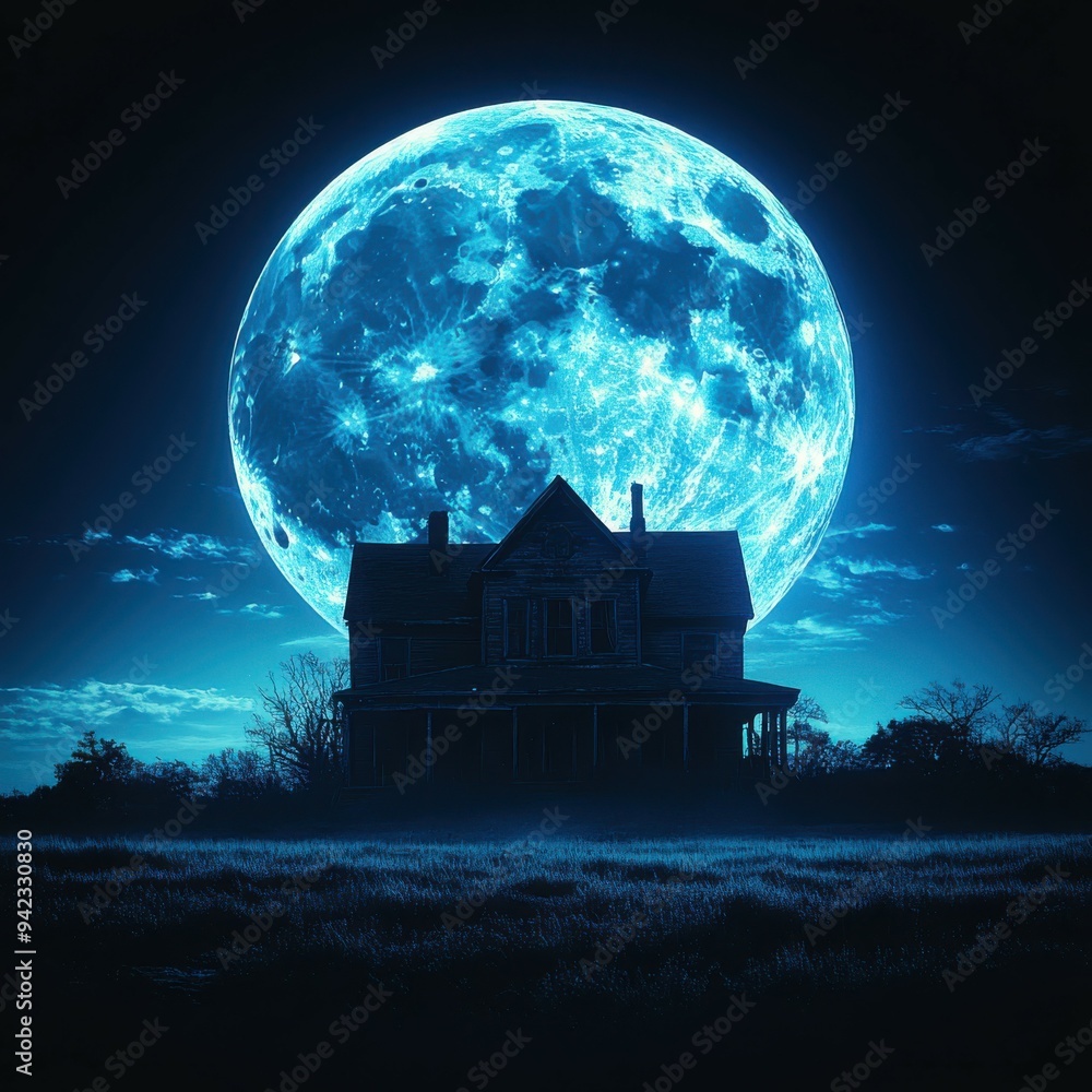 A haunting silhouette of a dilapidated house under a luminous blue moon casts an eerie glow, evoking a sense of mystery and suspense on a tranquil yet unsettling night. A haunting silhouette of a dilapidated house under a luminous blue moon casts an eerie glow, evoking a sense of mystery and suspense on a tranquil yet unsettling night.