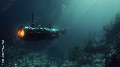 Wallpaper Mural A captivating scene of a deep ocean dive with an underwater submersible exploring the dark, mysterious depths. Torontodigital.ca