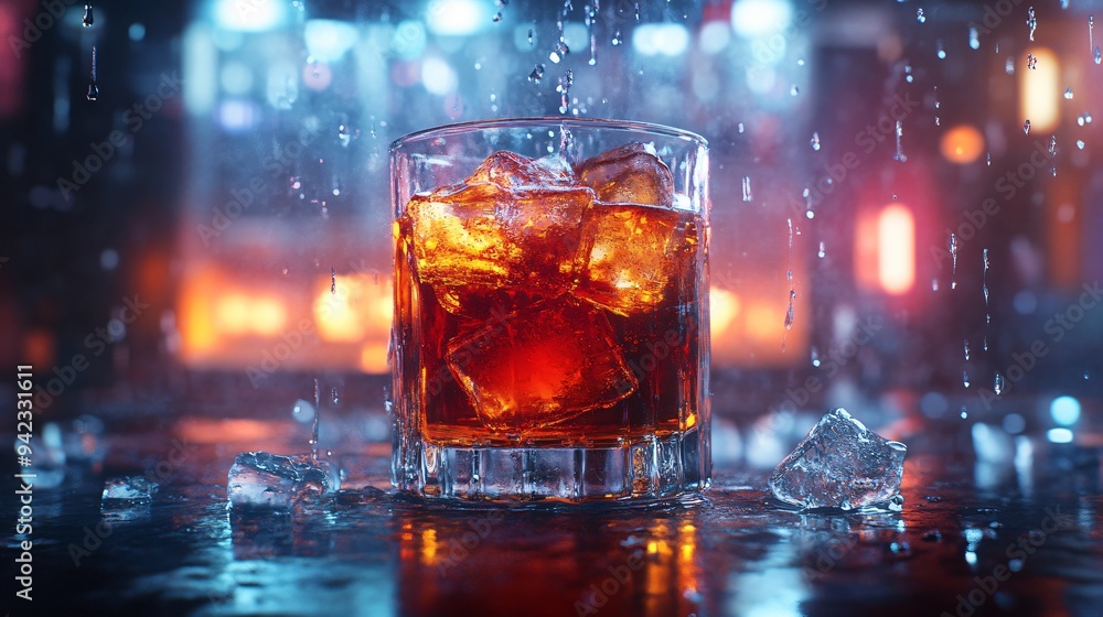 Whiskey Rain: A glass of whiskey with ice, on fire, rain, and neon lights in the background. Whiskey Rain: A glass of whiskey with ice, on fire, rain, and neon lights in the background.