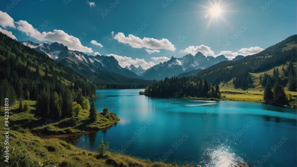 Landscape of turquoise lake between high mountains Landscape of turquoise lake between high mountains