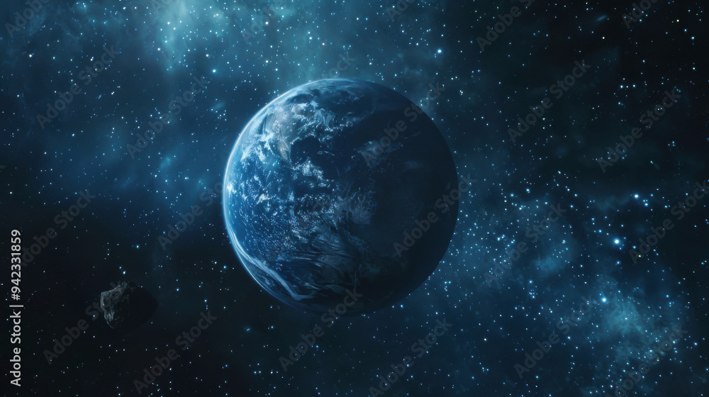 Fototapeta premium planet image in space with stars and planets, in the style of dark silver and dark blue