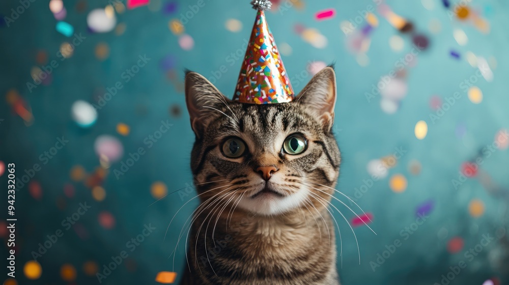 A cat wearing a party hat and surrounded by confetti, with a funny expression and ample copy space. A cat wearing a party hat and surrounded by confetti, with a funny expression and ample copy space.