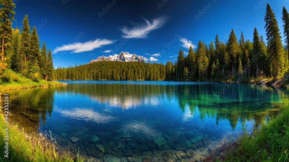 Obraz premium Landscape of turquoise lake between high mountains