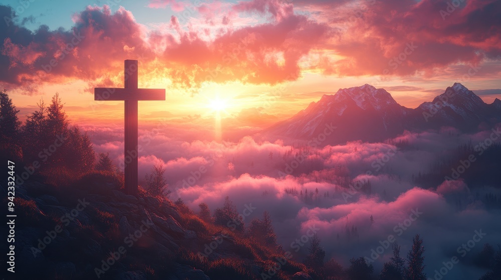 Wooden Cross Silhouette on Mountaintop at Sunset with Clouds Wooden Cross Silhouette on Mountaintop at Sunset with Clouds