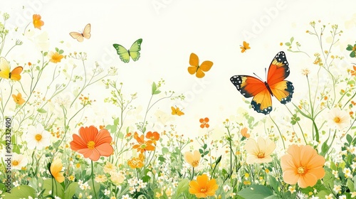 A cheerful spring banner with blooming flowers and butterflies, offering a lively and fresh design with clear space for copy at the top.