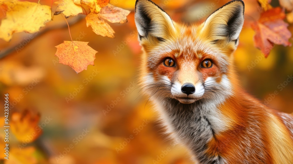 Obraz premium Red Fox Portrait in Autumn Forest with Yellow Leaves