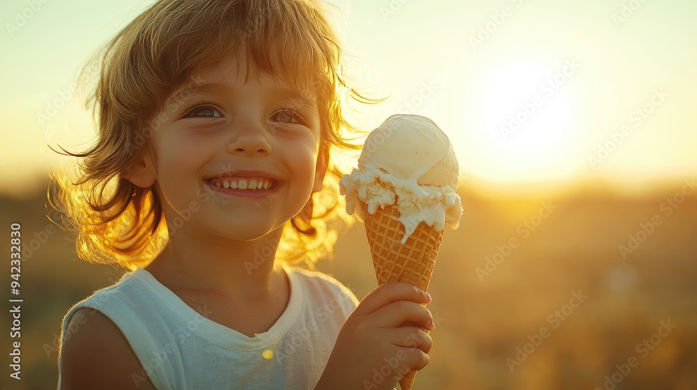 A child holding a dripping ice cream cone, with the sun shining in the background, evoking the joy and messiness of summer with space for copy. A child holding a dripping ice cream cone, with the sun shining in the background, evoking the joy and messiness of summer with space for copy.