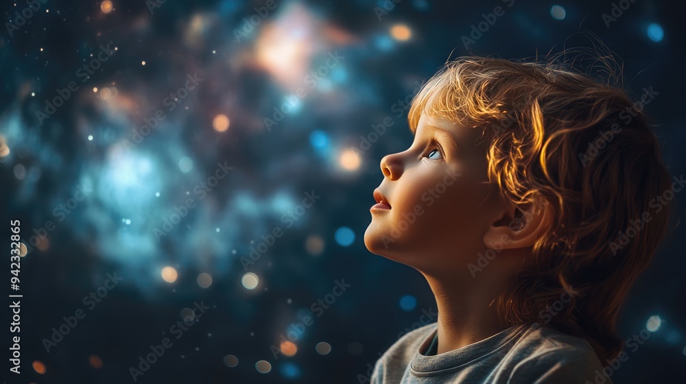 A child looking at a planetarium dome with awe, imagining space adventures. Clear space for promotional messages. A child looking at a planetarium dome with awe, imagining space adventures. Clear space for promotional messages.