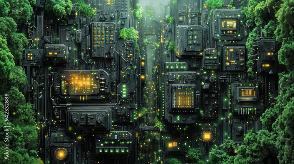 Futuristic Cityscape with Green Trees and Technology Futuristic Cityscape with Green Trees and Technology
