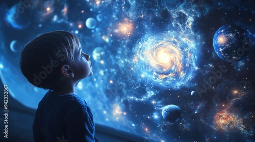 A child looking at a planetarium dome with awe, imagining space adventures. Clear space for promotional messages.