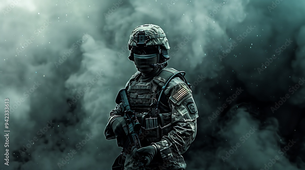 Soldier in Full Combat Gear Standing Amidst Dense Smoke Soldier in Full Combat Gear Standing Amidst Dense Smoke
