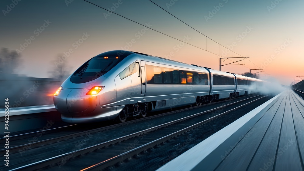 Fototapeta premium Sleek modern high-speed train speeding along tracks at dusk, showcasing advanced technology and efficiency. Ideal for transportation and travel themes.