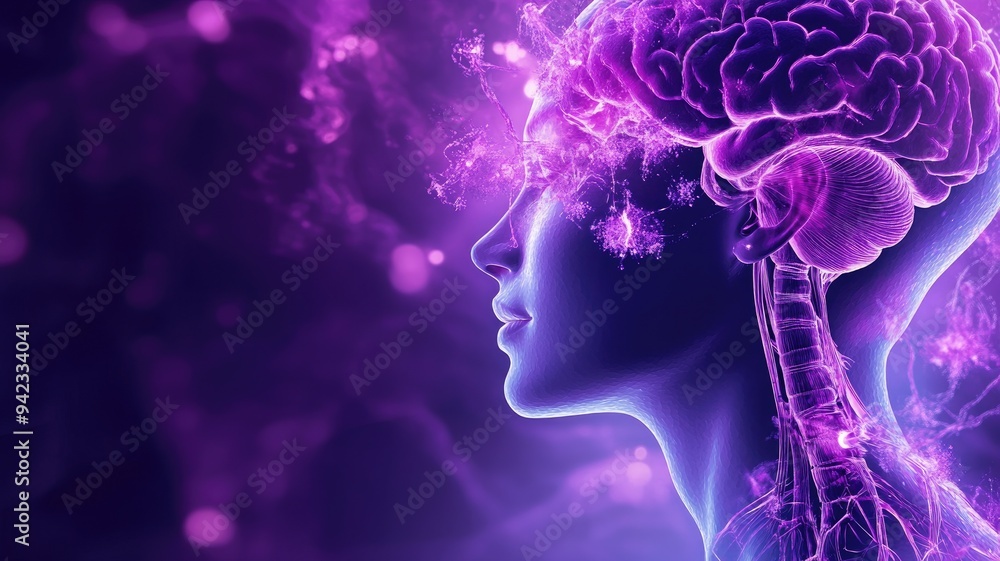 Digital illustration of human brain in silhouette with glowing neurons Digital illustration of human brain in silhouette with glowing neurons