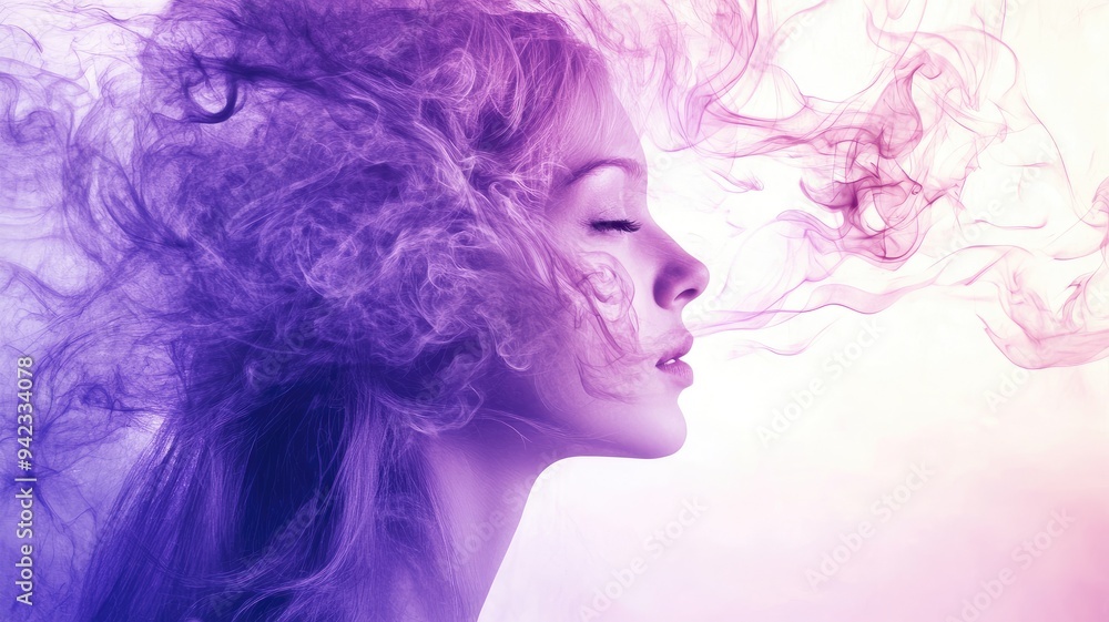 Ethereal portrait of young woman in profile surrounded by colorful smoke Ethereal portrait of young woman in profile surrounded by colorful smoke