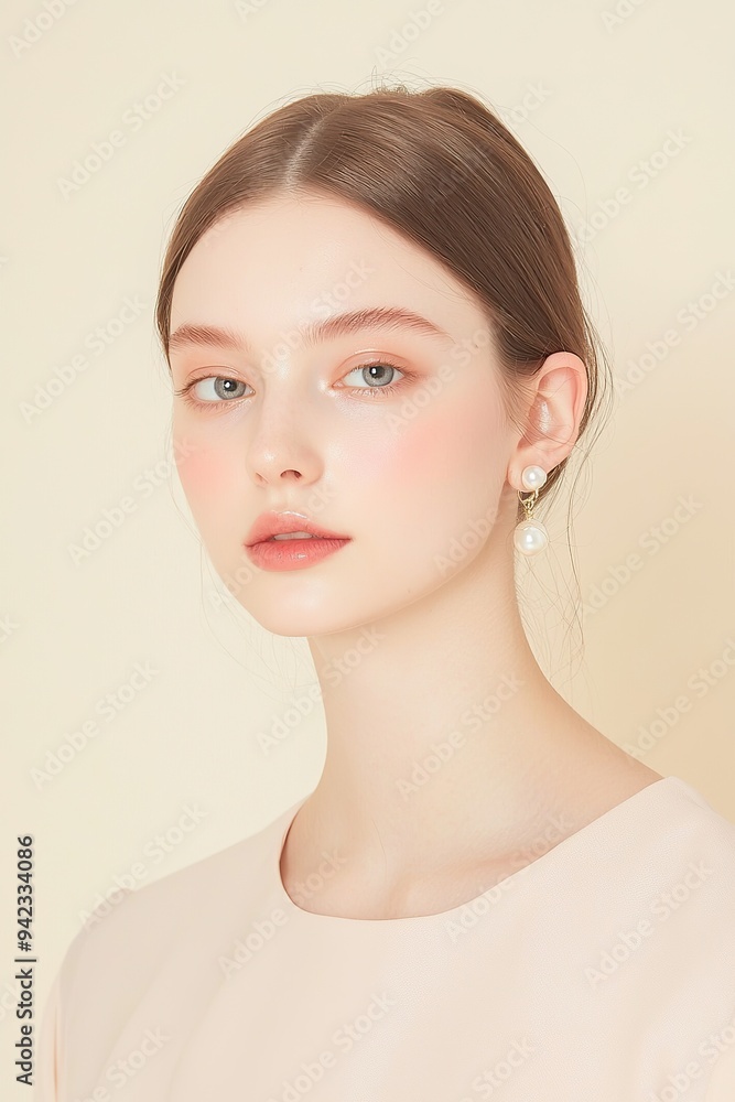 A model wearing pearl earrings, with an elegant and minimal beige dress, close-up shot on a cream background A model wearing pearl earrings, with an elegant and minimal beige dress, close-up shot on a cream background