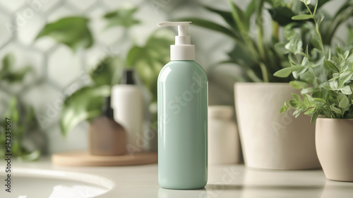 ラベルなしモックアップ用緑色のシャンプーボトルをリアルに描いたAI生成画像