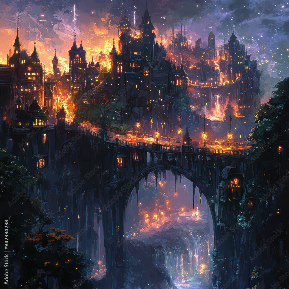 Fototapeta premium A fantasy cityscape with a bridge over a river and a castle in the background. Scene is mysterious and enchanting