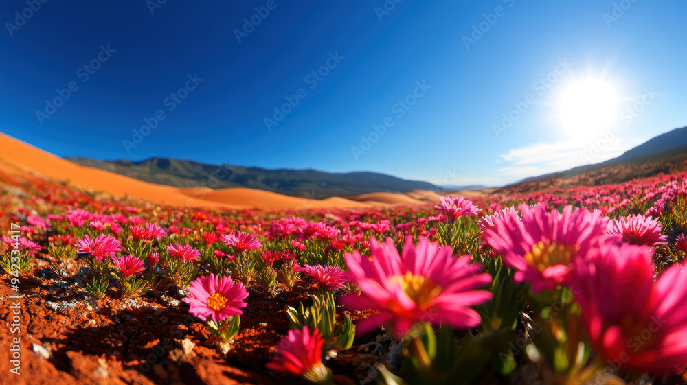 Obraz premium A field of pink flowers with a bright blue sky in the background. The sun is shining brightly, making the flowers look even more vibrant. The scene is peaceful and serene, with the flowers