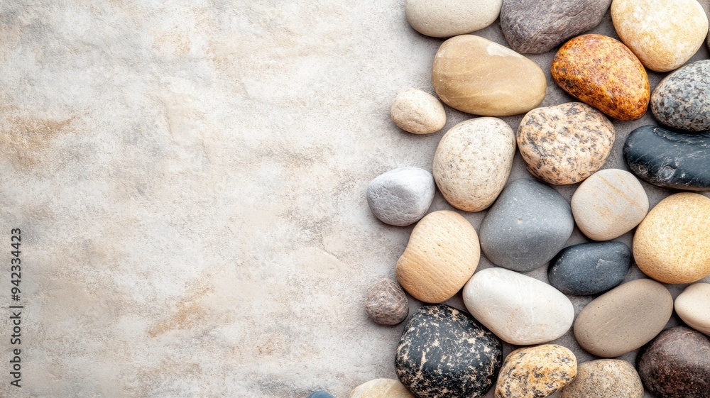 Assorted smooth pebbles arranged on textured surface Assorted smooth pebbles arranged on textured surface