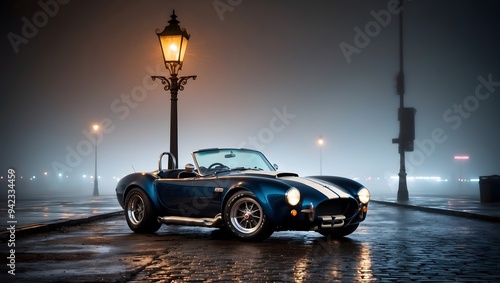 Classic Sports Car on City Street at Night, Photo Realistic, Wallpaper, Cover and Screen for Smartphone, PC, Laptop, 16:9 Format